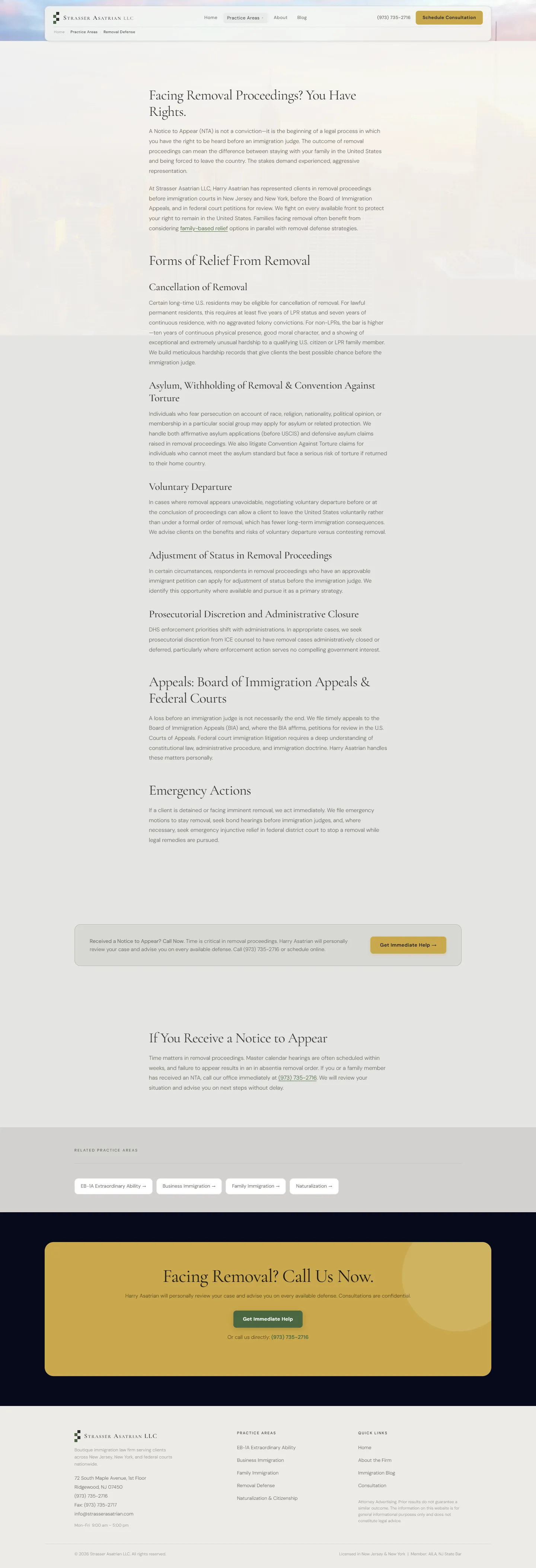 Immigration law firm website - removal defense